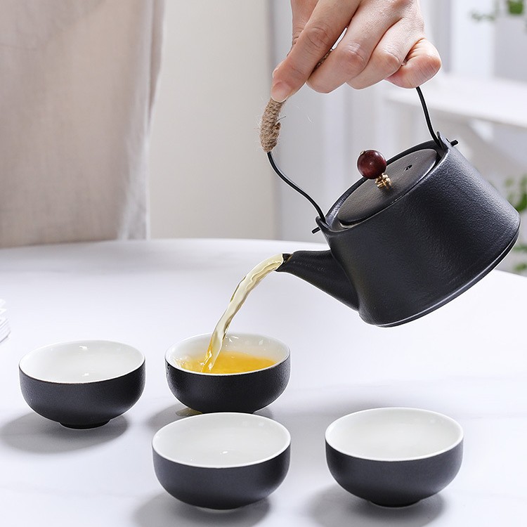 Frosted Black Teapot Ceramic Teapot Tea Set Home Kung Fu Tea Set Chinese Retro One Pot Four Cups Gift