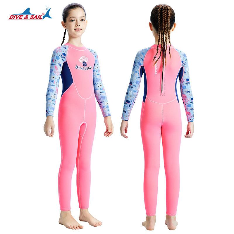Children's Wetsuit 2.5mm One-Piece Warm Girls' Swimsuit Long-Sleeved Cold-Proof Wetsuit Snorkeling Surfing Jellyfish Suit