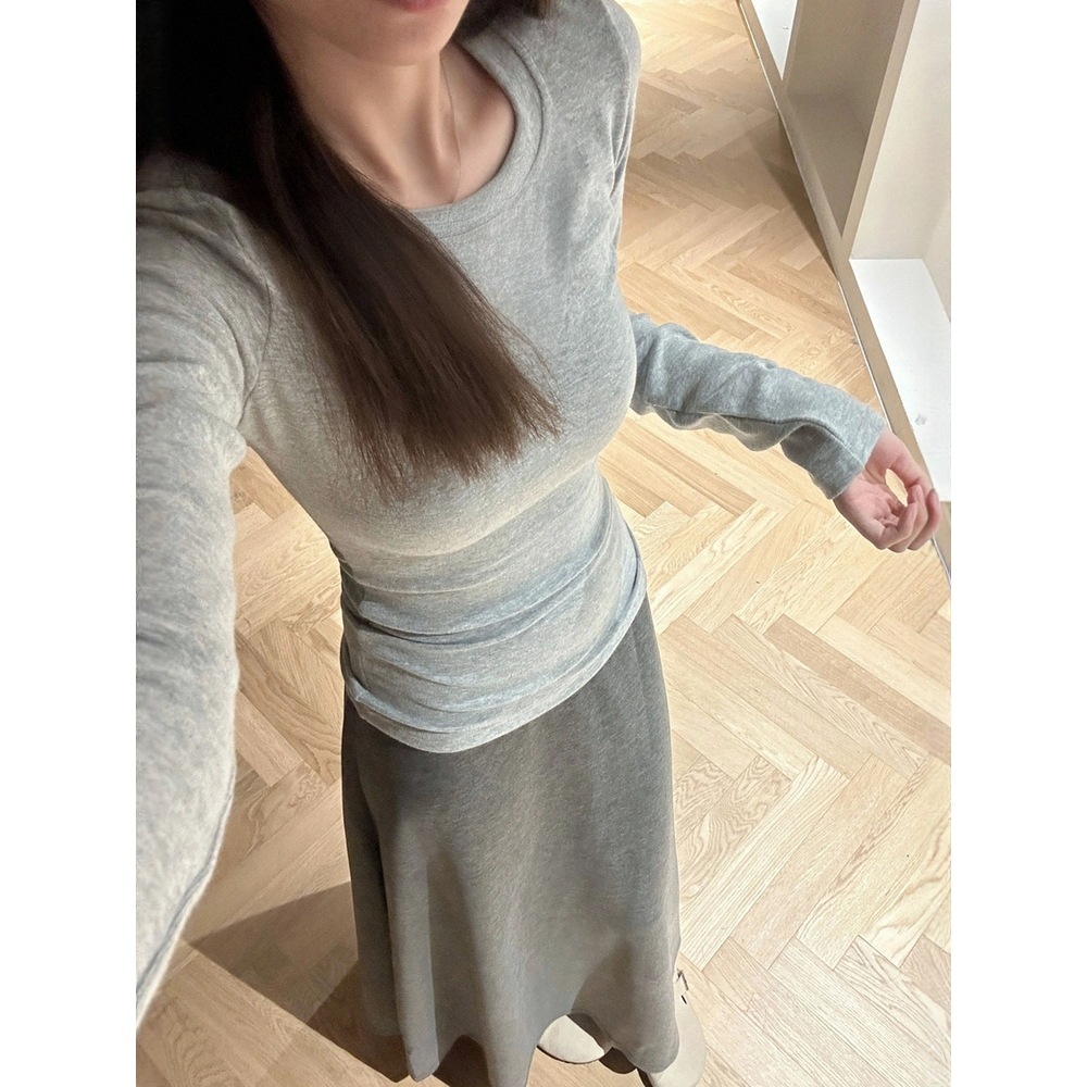 American Hot Girl Slim Basic Long-Sleeved T-Shirt for Women in Spring, Autumn and Winter Fleece-Lined Brushed Inner Bottoming Right Shoulder Top