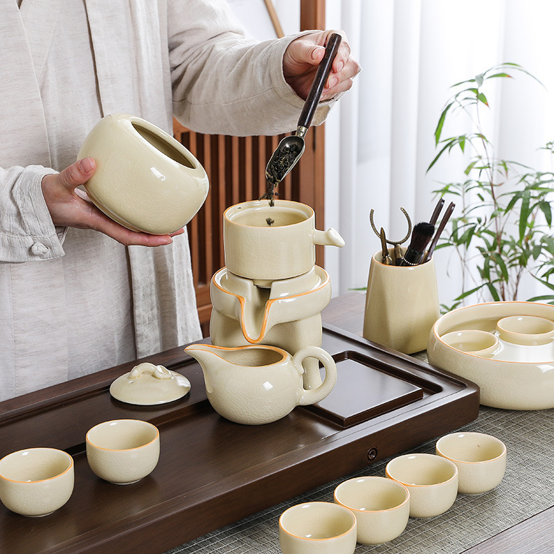 Dehua Ru Kiln Tea Set Complete Set of Tea Bowl High-end Set Teapot Automatic Lazy Stone Grinding Tea Maker