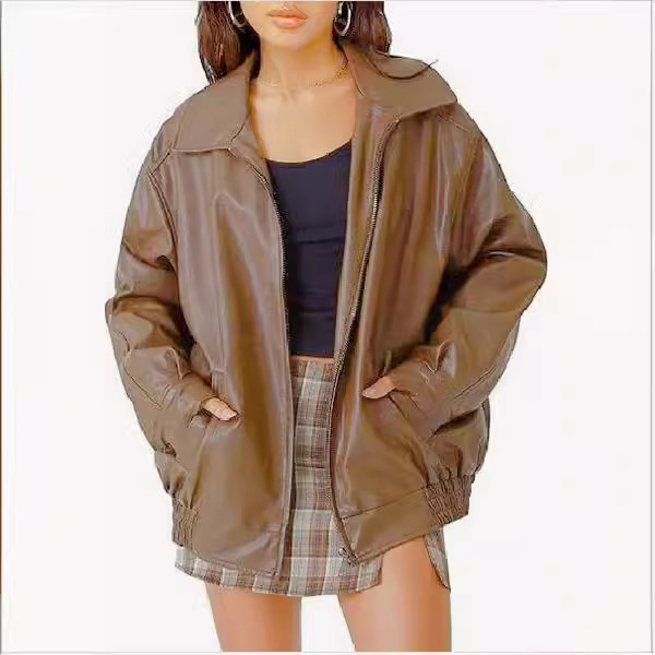 Women's autumn oversized jacket, leather artificial motorcycle plus size motorcycle coat