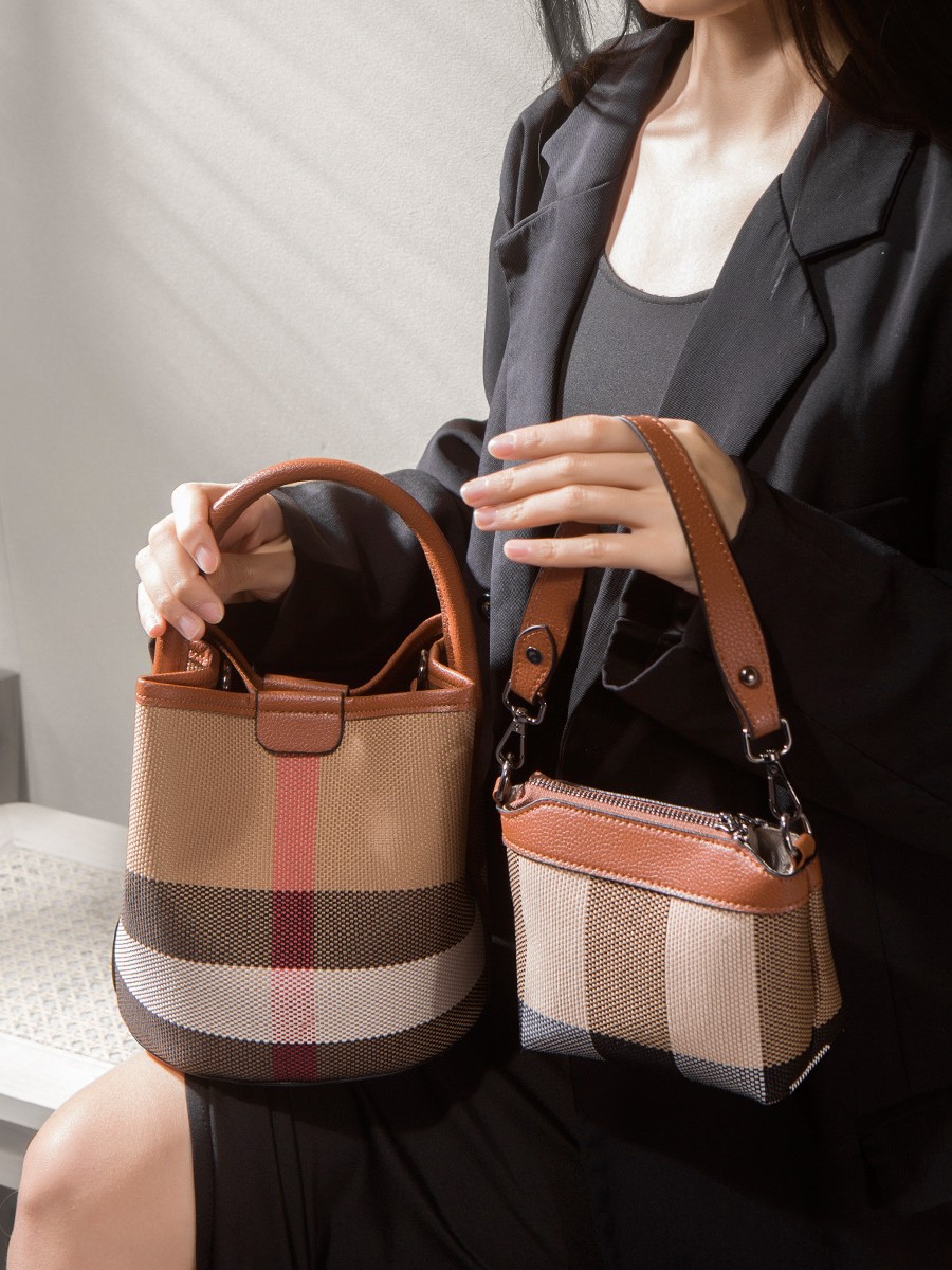 Plaid Bag for Women 2025 New High-End Versatile Mini Canvas Bucket Bag Satchel Shoulder Crossbody Bag