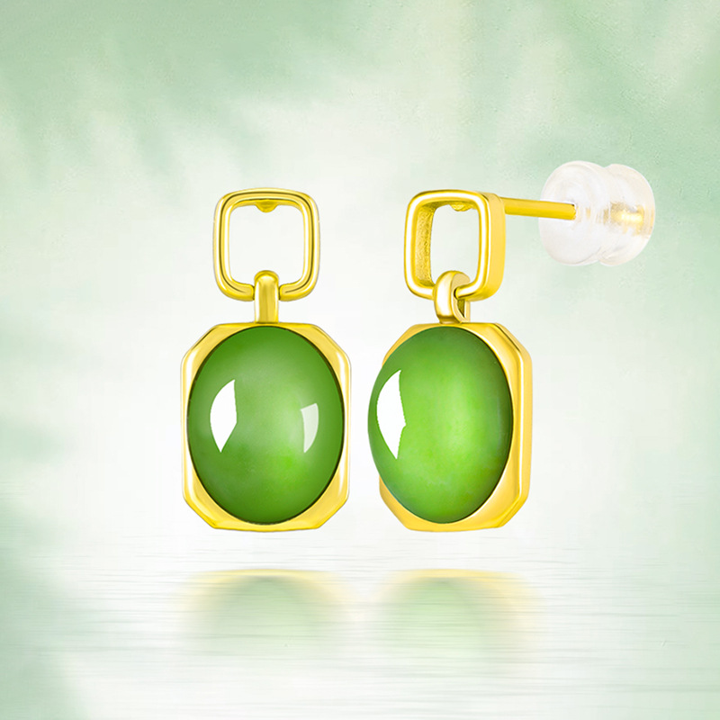 genuine goods Spinach Green Natural Old Material Hetian Jade Jasper Earrings Women's S925 Silver Jade Elegant Simple Earrings