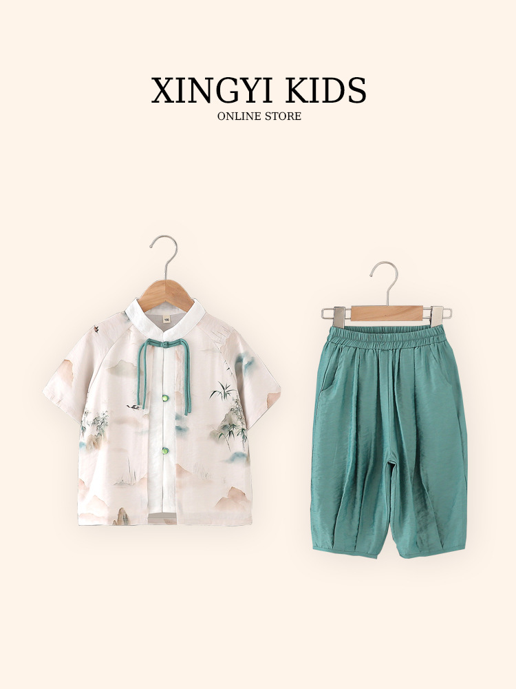 Children's Hanfu Boys' Short-sleeved Suit Summer National Style New Chinese Style Fake Two-piece 561 Kindergarten Performance Costume