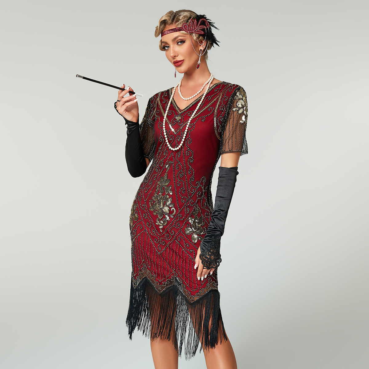 Gatsby Dress New Hand-Embroidered Beaded Sequin Skirt European and American Banquet Dress V Neck Short-Sleeved Dress