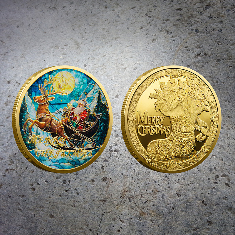 Foreign Trade Christmas Commemorative Medal European and American Santa Claus Sleigh Auspicious Deer Colorful Commemorative Gold Coin Decision-Making Game Coin