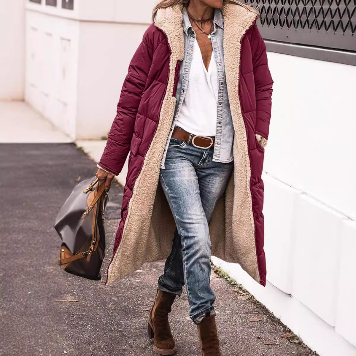 2024 Amazon European and American Solid Color Hooded cotton-padded jacket Long Sleeve Double-sided Wear Slim-fit Elegant Cardigan Jacket Top