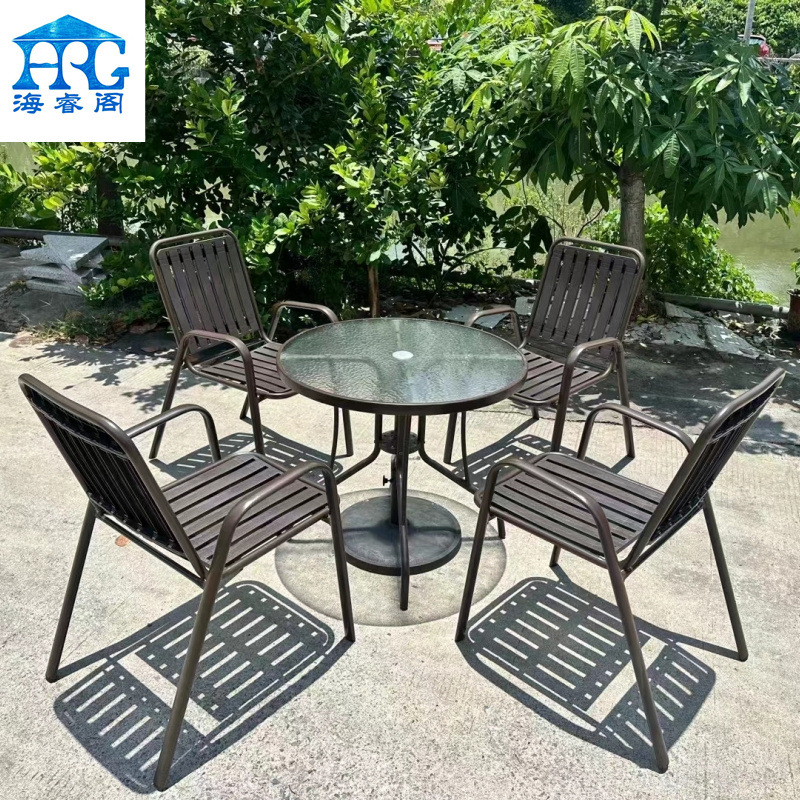 Outdoor table and chair leisure dining table and chair terrace waterproof sunscreen plastic wood chair villa garden courtyard water pattern glass table