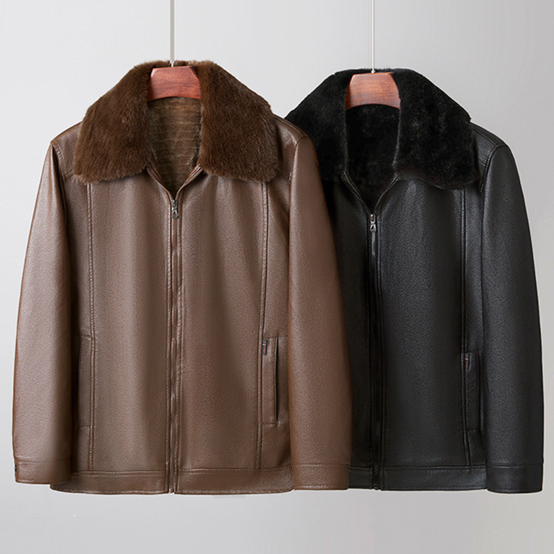 Fur Collar Leather Jacket Men's Winter Middle-aged and Elderly Coat fleece-lined Thickened Motorcycle PU Leather Jacket Warm Middle-aged Dad's Clothes