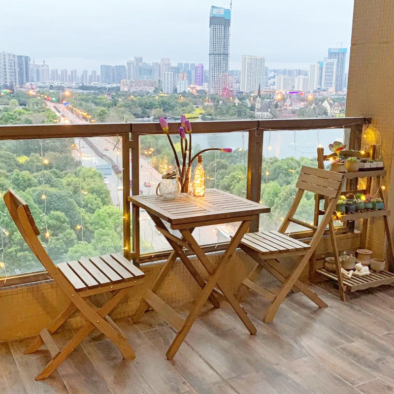 Balcony Folding Table and Chairs, Leisure Tea Table, Small Apartment Three-Piece Set, Trendy One Table and Two Chairs, Solid Wood Small
