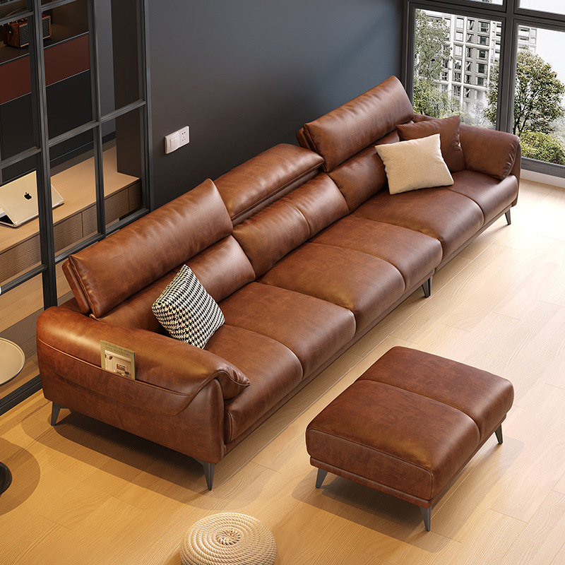 New Italian Minimalist Sofa Living Room Modern Simple Light Luxury First Layer Cowhide Straight Sofa Oil Wax Leather Factory Wholesale