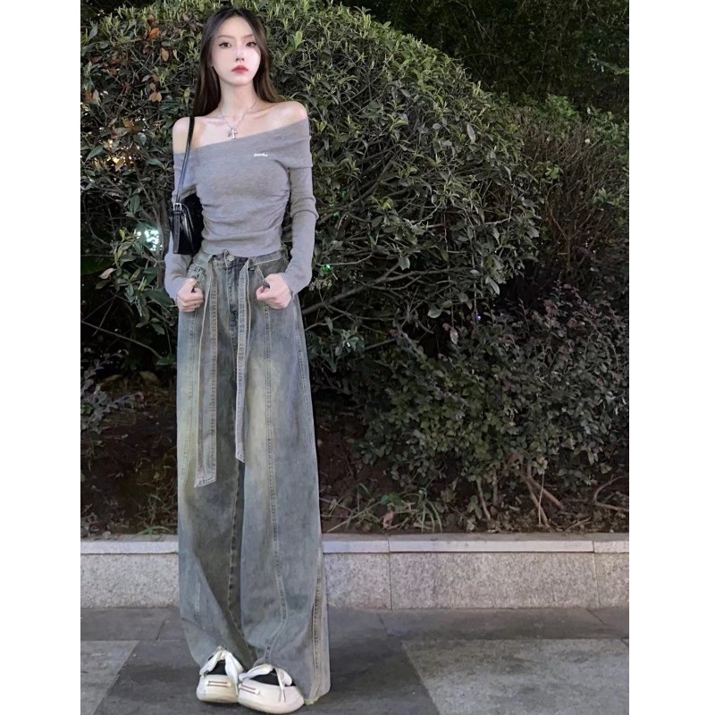 Nostalgic blue high-grade wide-leg jeans for women 2023 early Autumn New loose high waist wide-leg slimming frayed long pants