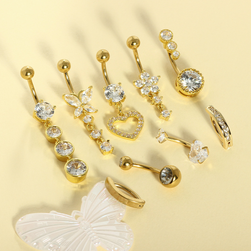 Fashion European and American Nine-Piece Stainless Steel Zircon Double-Headed Smooth Navel Ring Piercing Jewelry Foreign Trade E-Commerce Jewelry