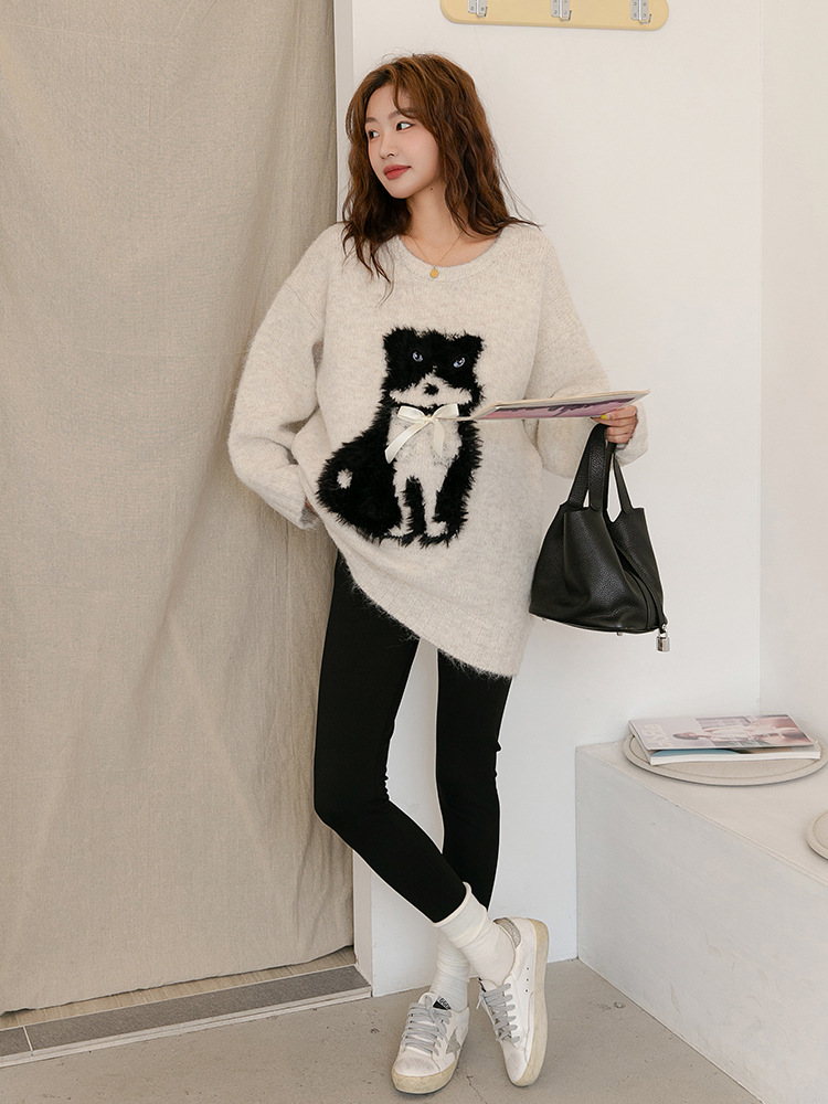 Autumn and Winter Pregnant Women's Sweater Loose Mid-length Maternity Carto Dog Pregnant Women's Knitted Base Shirt Casual Fashion All-match