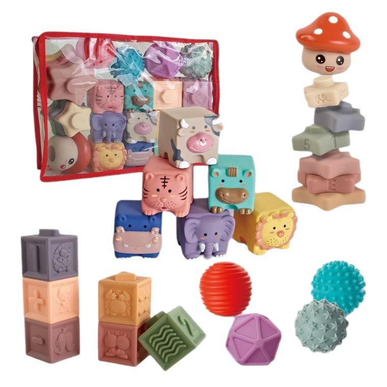 Cross-border Infant Soft Rubber Building Blocks Package Puzzle Early Education Soft Rubber Building Blocks Family Barrel Stacking Music Combination Vinyl