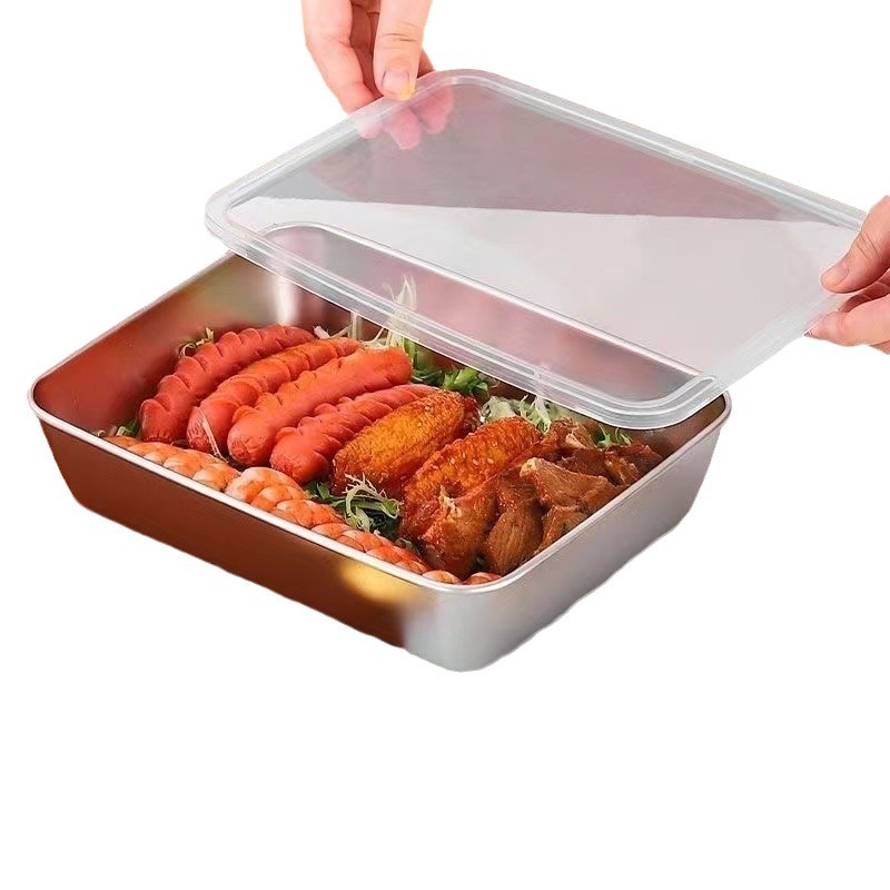 Thickened Stainless Steel Square Plate with Lid Household Rectangular Magnetic Small Fresh-keeping Box Tray Towel Display Plate Square Basin
