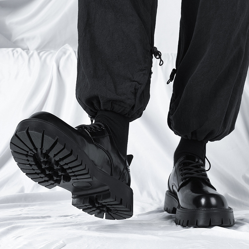 Vintage Leather Shoes Men's Thick Sole Height Increasing Men's Shoes Black Low-top Men's Business Casual Round Toe Leather Shoes fleece-lined Leather Boots