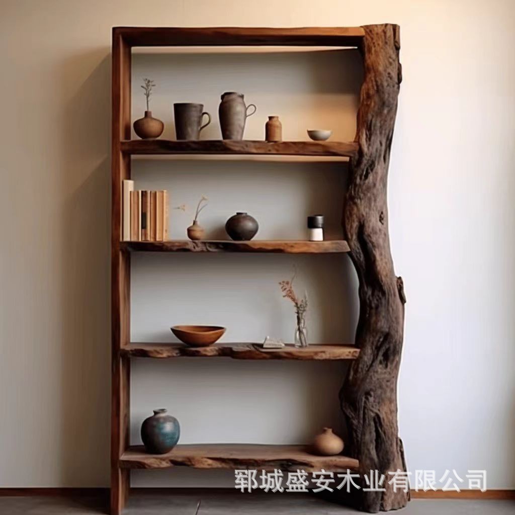 Old Elm Style Bookshelf Storage Rack Floor Multi-layer Antique Rack Storage Display Cabinet Furniture Solid Wood