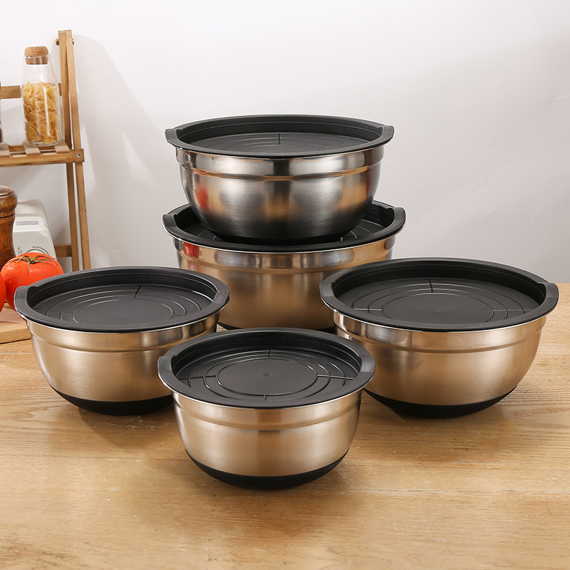 Factory wholesale stainless steel egg basin thickened with lid non-slip color silicone bottom with scale baking salad bowl