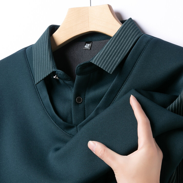 Autumn and Winter Fake Two-piece fleece-lined Thickened High-end Boutique Men's POLO Shirt Middle-aged and Elderly Warm Sweater Men's Turtleneck Shirt