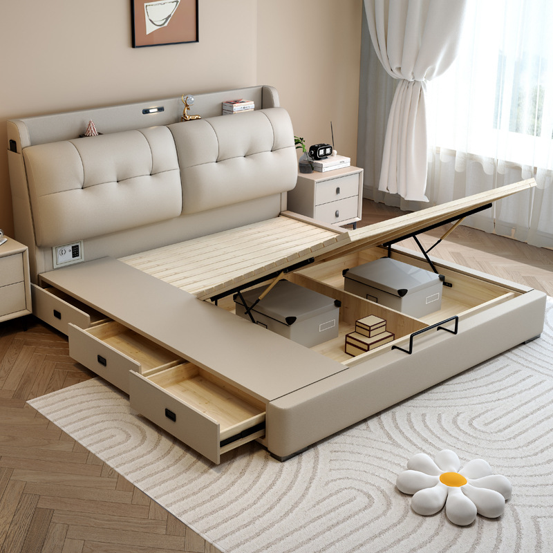 Modern Minimalist Master Bedroom 1.8m Double Bed with Safe, Bedside Storage Box, Multifunctional Storage Bed