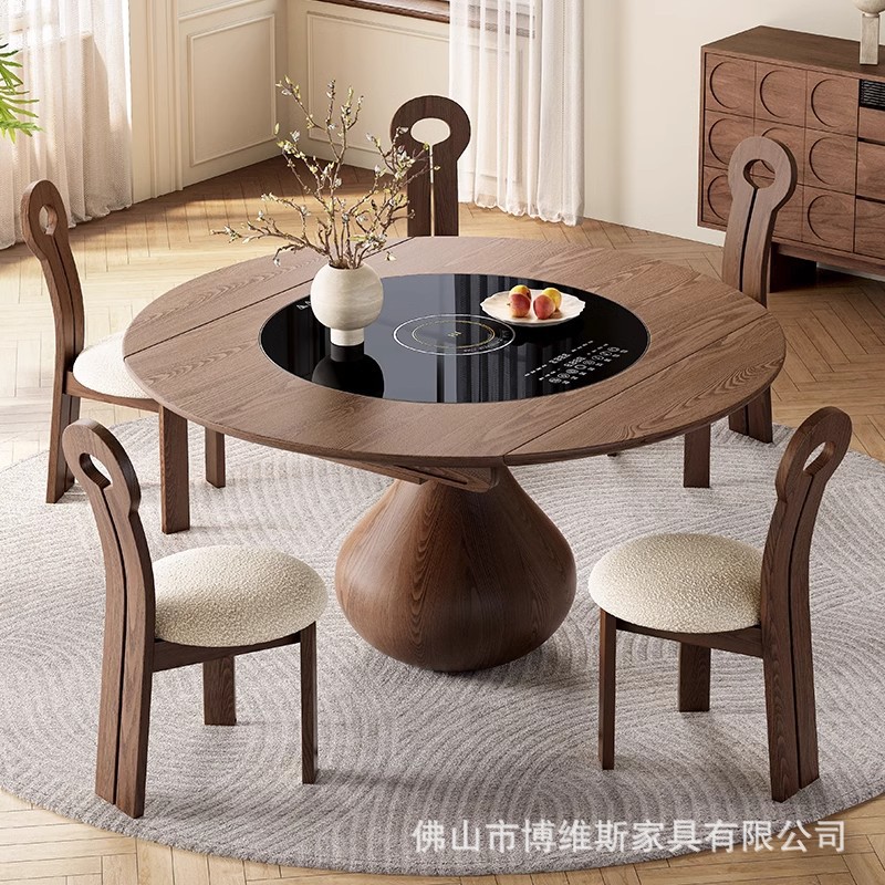 Medieval Style Solid Wood Water Drop Dining Table Retractable Built-In Induction Cooker Warming Turntable Home Retro Style Folding Round Table
