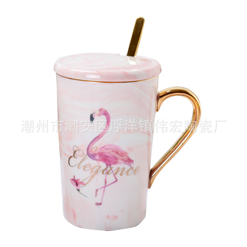 Flamingo Mug with Lid and Spoon Marble Pattern Ceramic Water Cup Wholesale Couple High Color Value Creative Coffee Cup