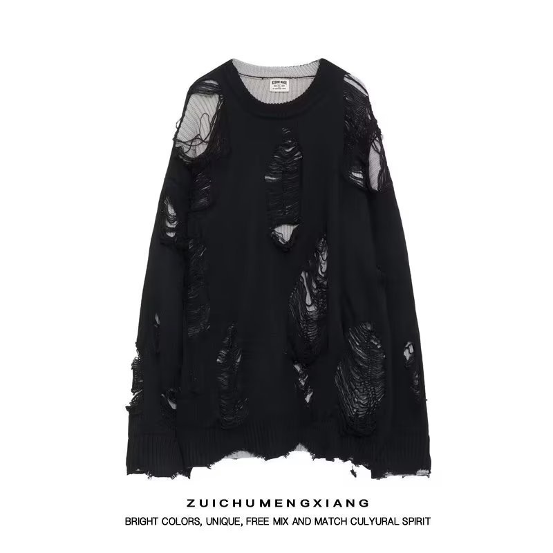 Fake Two-Piece Autumn and Winter American High Street Rip Sweater Men's and Women's Couple oversize Two-Sized Retro Sweater