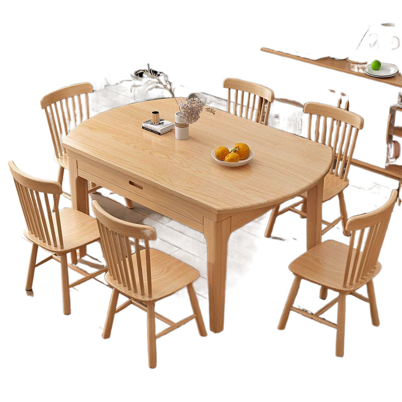 Solid Wood Dining Table and Chair Combination Telescopic Folding Small Apartment Multi-functional Household Square Rounding Dual-purpose Variable Round Table