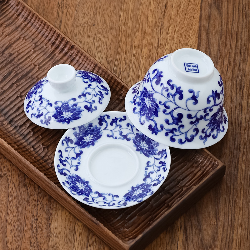 Dehua Blue and White Porcelain Ceramic Covered Bowl Household Kung Fu Sancai Tea Bowl Single Tea Bowl Tea Cup Manufacturer Wholesale
