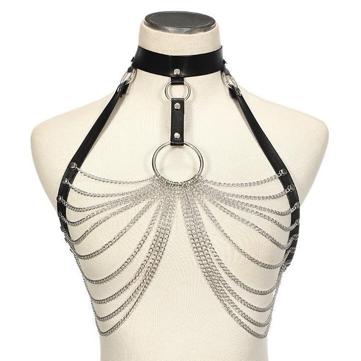 Leather stitching metal chain jewelry pu leather multi-layer chain chest chain body chain personalized accessories