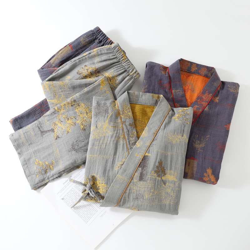 Мужские пижамы кимоно, жаккардовый хлопок, японский стиль, лёгкие, длинные рукава, домашняя одежда