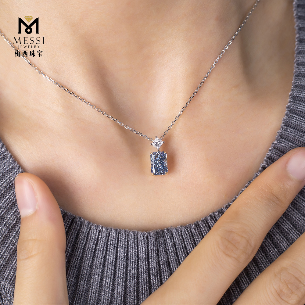 18K White Gold Inlaid Pink Green Cultivated Diamond 1 Carat Radiant Shaped Cultivated Yellow Diamond Blue Diamond Pendant Necklace