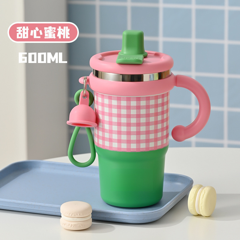 New Large-Capacity Double Drinking Cup, Small Ice Cup, Fashionable Plaid Stainless Steel Thermos Cup, High-Looking Straw Cup for Girls