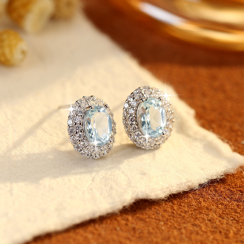 S925 Sterling Silver Earrings for Women, Natural Crystal Stone Full Diamond Earrings, Personalized Inlaid High-End European and American Style, Popular on Xiaohongshu