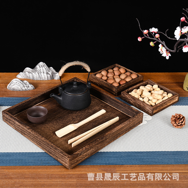 Solid Wood Tray for Making Tea Around the Stove, Burning Paulownia Wood Seven-Piece Set, Retro Color Tea Set, Packaging Tray, Zen Tea Ceremony Tea Tray