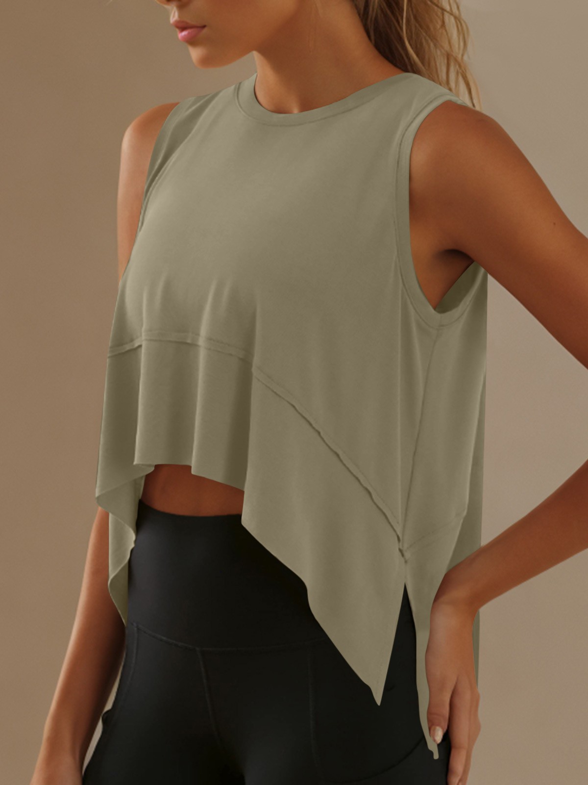 2025 European and American New Sleeveless Round Neck Irregular Top Sports T-shirt Stitching Loose Casual Yoga Vest for Women