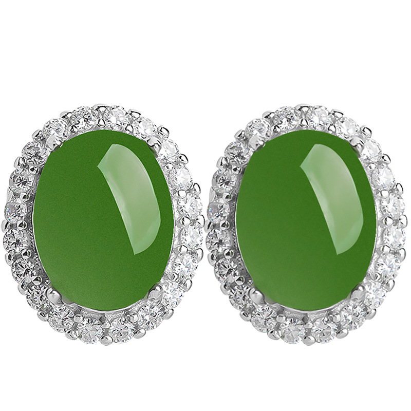 Spinach Green Natural Old Material Hetian Jasper Egg Face Earrings for Women Genuine S925 Silver Jade Stone Earrings