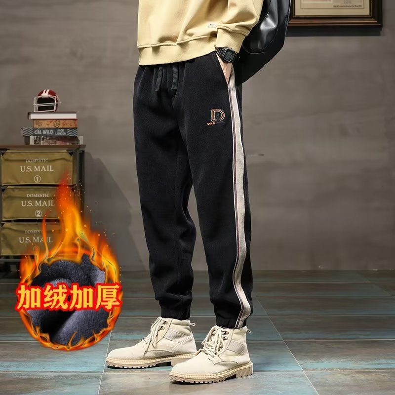 Men's winter thickened trendy loose corduroy sweatpants ankle-tied casual pants fleece-lined trousers men's warm sports pants