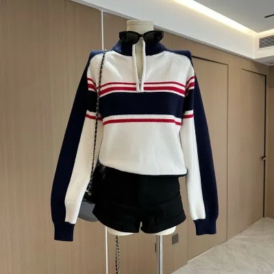 Готовые запасы, ленивый стиль вязаной одежды для женщин, осень и зима 2024, ретро полосатый вязаный верх с длинным рукавом