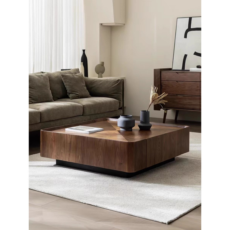 Italian Minimalist Small Apartment Wabi-Sabi Style Light Luxury Modern Living Room Walnut Color Square Internet Celebrity Storage Solid Wood Coffee Table