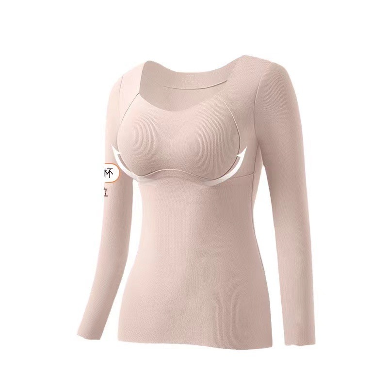 Autumn and Winter Mulberry Silk Cashmere Skin Warm Thermal Underwear fleece-lined Thickened Fixed Cup Heating Outer Wear Inner Long Sleeve Top