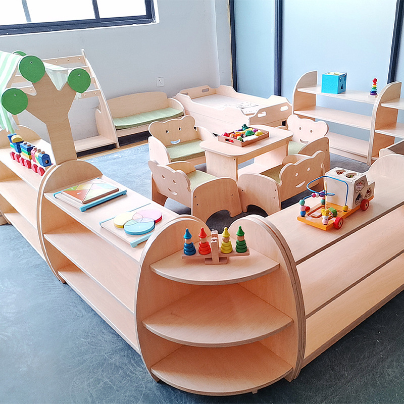 Kindergarten Nursery Center Early Education Classroom Layout Area Corner Cabinet Montessori Teaching Aids Cabinet Toy Storage Rack Solid Wood Table and Chairs