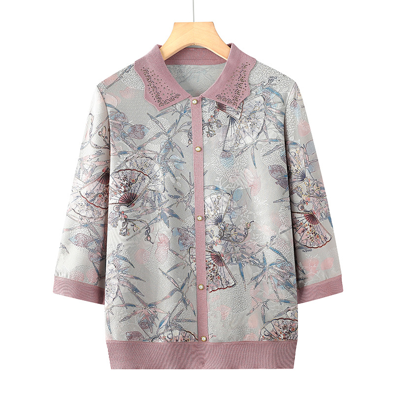 Mom's New Spring Wear Thin Knitted Small Shirt for Middle-aged and Elderly People's Western Style Spring and Autumn Pullover Ice Silk Nine-point Sleeve Top