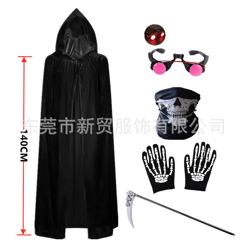 Red Eyes Grim Reaper Halloween Costume for Kids Hooded Cloak Skeleton Mask Detachable Scythe Scary Party Role