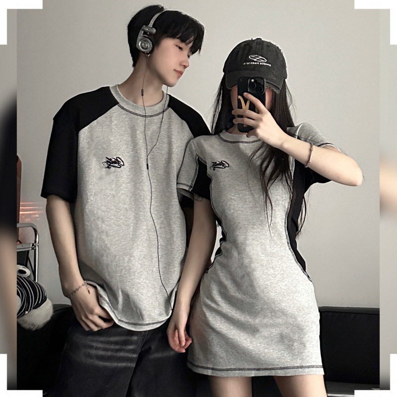 Летнее американское спортивное платье с коротким рукавом, 2024, высокая талия, стройный A-образный силуэт, футболка для пар