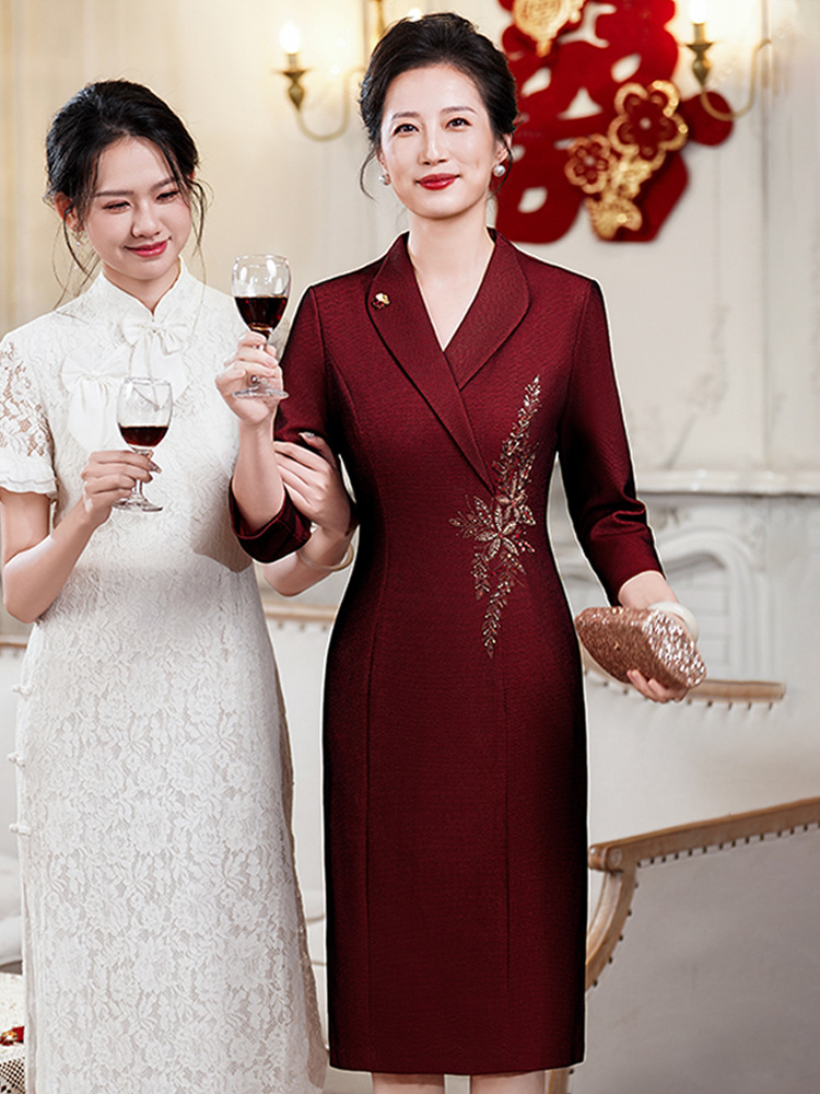 Autumn Formal Occasion Banquet Mother's Wear High-End Plus Size 100kg Elegant Mother-In-Law Dress Suit Collar