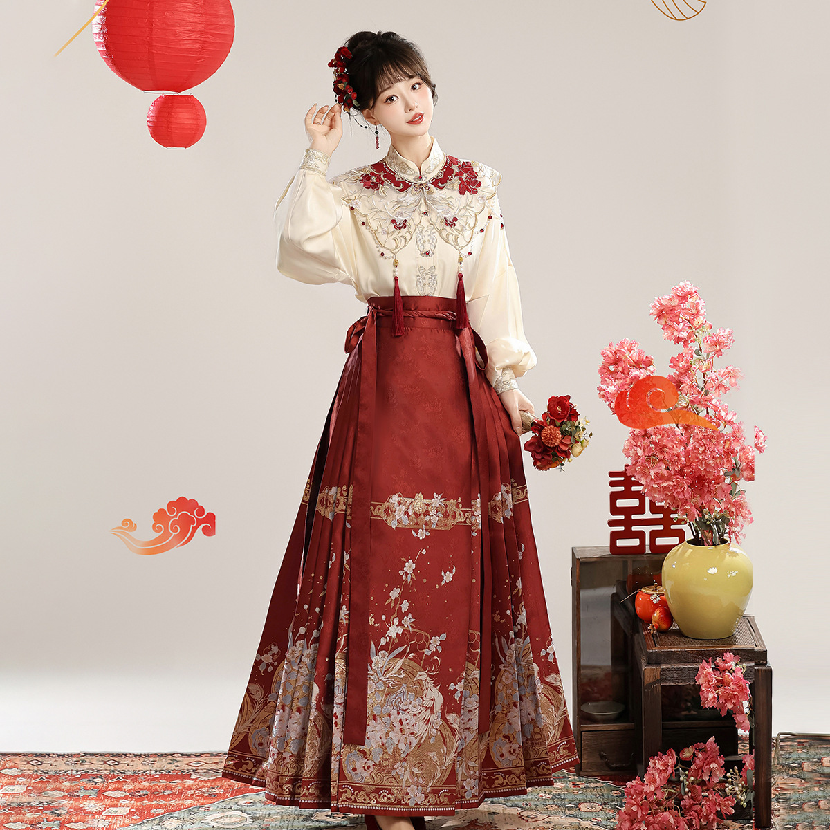Yi Meng Ge Original Feng Ming Qu Han Dress Women's Chinese Style Improved Han Element Top Cloud Shoulder Horse Face Skirt suit 9336