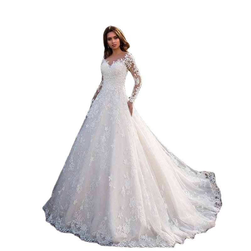 2025 summer new European and American women's Amazon long sleeve off shoulder bridal wedding dress dress dress 8801