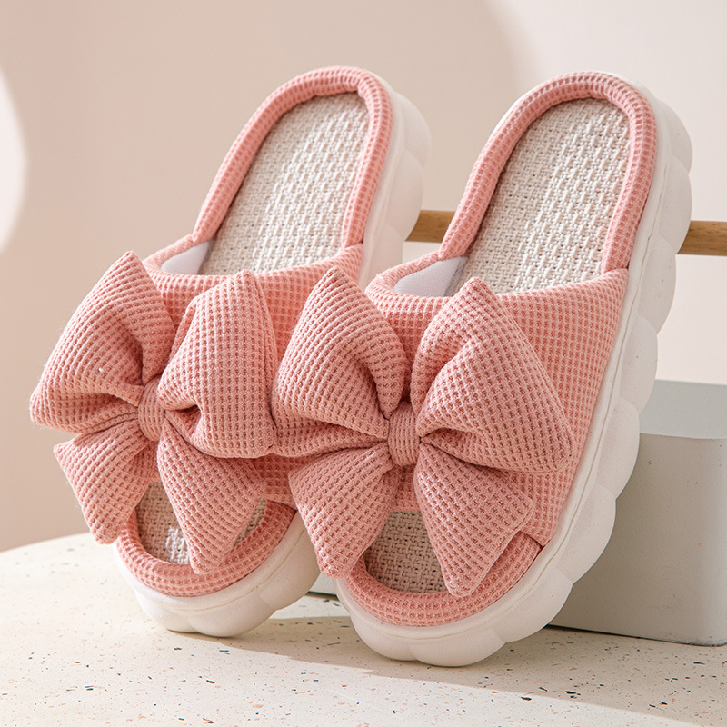 Four Seasons home cute home thickened bottom linen slippers poop feeling women's indoor home slip-resistant slippers